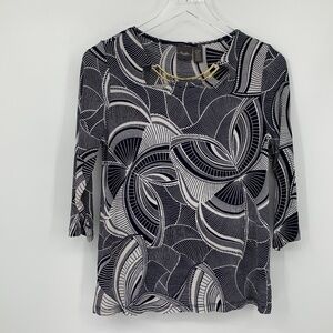 Chicos Travelers jersey knit tunic top blouse shirt navy blue gold PETITE Small